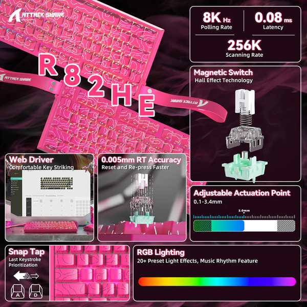 Игровая проводная магнитная клавиатура Attack Shark R82 / Проводное подключение / Magnetic Switch / Pink 194 фото