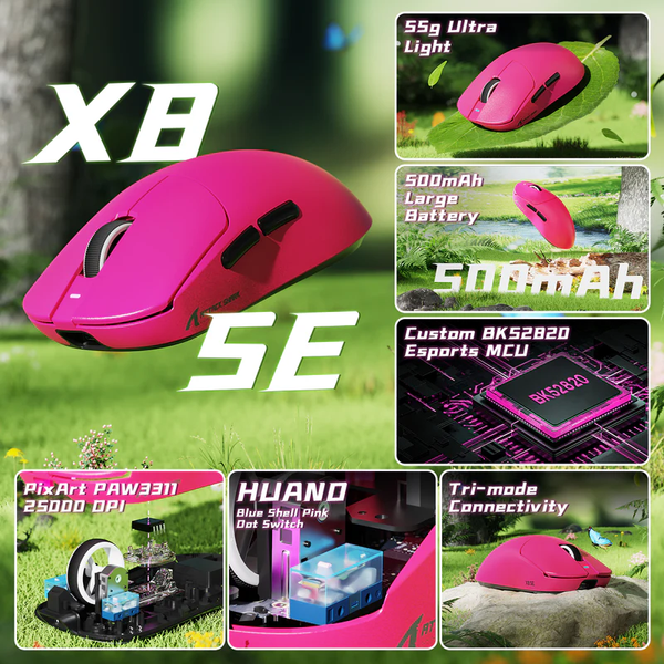 Ігрова бездротова мишка ATTACK SHARK X8SE / Три режими підключення / 55g / 25000DPI / Сенсор PAW3311 / Pink 51900 фото
