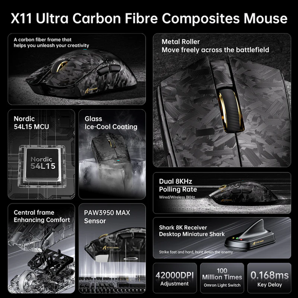 Игровая беспроводная мышка Attack Shark X11 ULTRA / Три режима подключения / Carbon Fiber / Сенсор PAW3950MAX / 42000 DPI / Black 581 фото