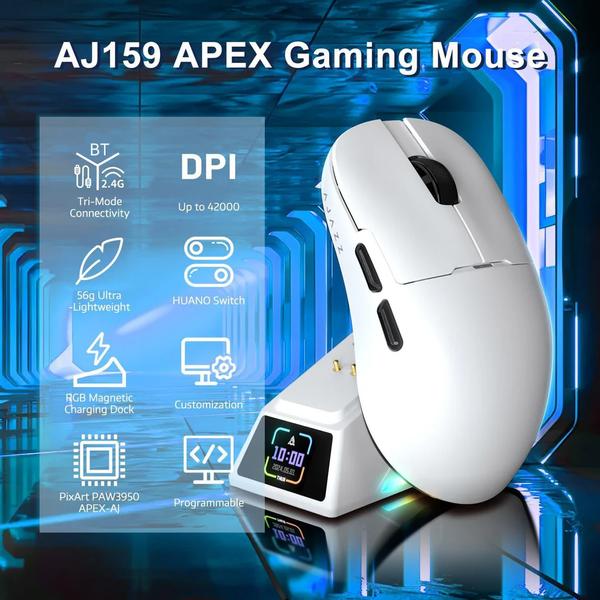 Ігрова бездротова мишка AJAZZ AJ159 Apex /Три режими підключення / 42000 DPI / сенсор PAW3950 / Док-станція з LED-дисплеєм / White 186 фото