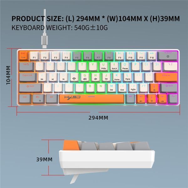 Ігрова механічна дротова клавіатура HXSJ V500 / Blue Switch / 60% / RGB / Colourful 356 фото