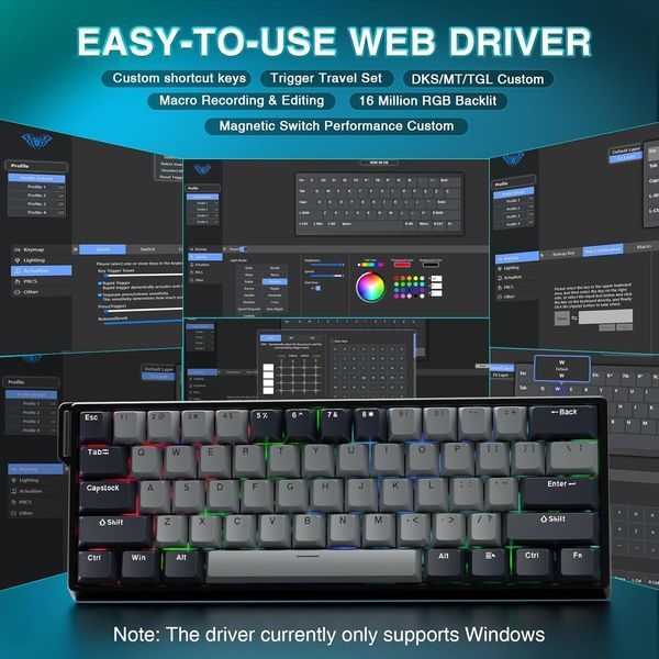 Игровая магнитная проводная клавиатура AULA WIN60 HE PRO / 60% / Hall Effect / Rapid Trigger / Semantic Magnetic Switch / Grey 353 фото