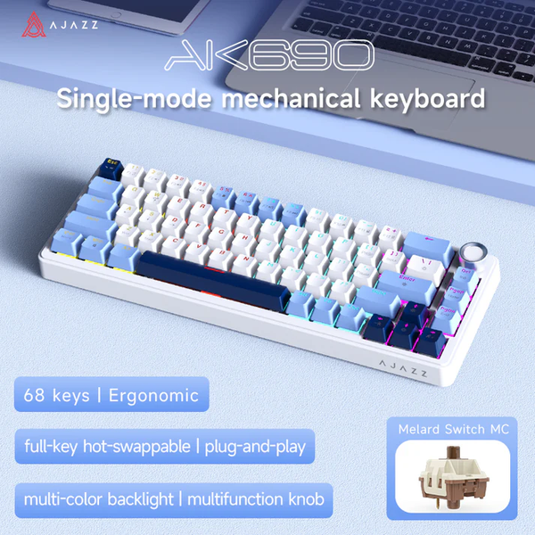 Игровая механическая проводная клавиатура Ajazz Ak690 / 68 клавиш / Hot-Swap / RGB / Melard Switch MC / White Blue 580 фото