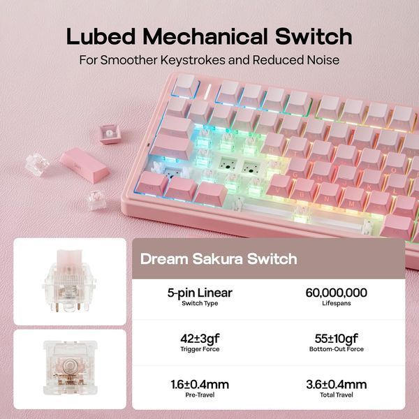 Ігрова механічна клавіатура AULA F75 / Три режими підключення / Dream Sakura Switch / Pink 622 фото
