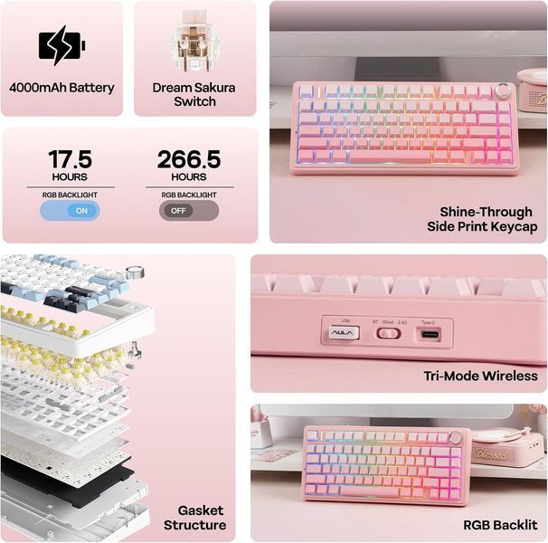 Ігрова механічна клавіатура AULA F75 / Три режими підключення / Dream Sakura Switch / Pink 622 фото