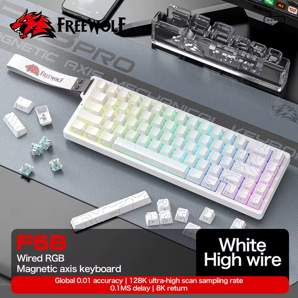 Ігрова дротова магнітна клавіатура FreeWolf F68 / Magnetic Switch / RGB / Wired / White  334 фото