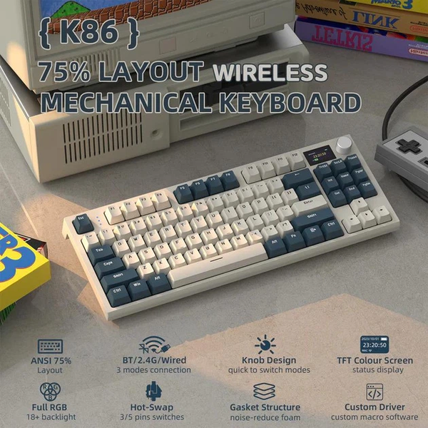 Игровая беспроводная механическая клавиатура Attack Shark K86 / Три режима подключения / Linear Blue Whale Switches / White Blue 551 фото
