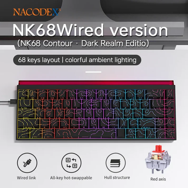 Ігрова механічна дротова клавіатура Ajazz NK68 / Red Switch / 65% / RGB / Black 54800 фото