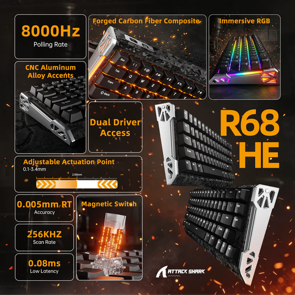 Игровая магнитная клавиатура ATTACK SHARK R68 HE / Проводное подключение / Magnetic Switch / Black 586 фото