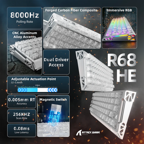 Игровая магнитная клавиатура ATTACK SHARK R68 HE / Проводное подключение / Magnetic Switch / White 587 фото
