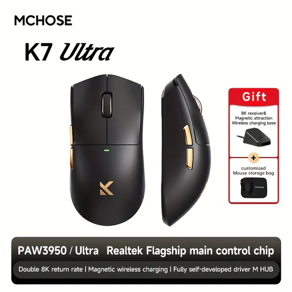 Беспроводная игровая мышь MCHOSE K7 Ultra / Три режима подключения / PAW3950 / 42 000 DPI / Black 201 фото