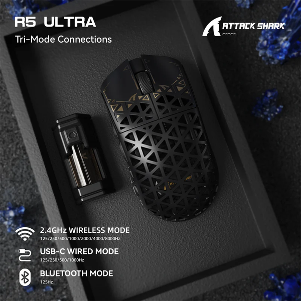 Ігрова мишка ATTACK SHARK R5 Ultra / Три режими підключення / PAW3950MAX / Carbon Fiber / 39 г / Black 48 фото