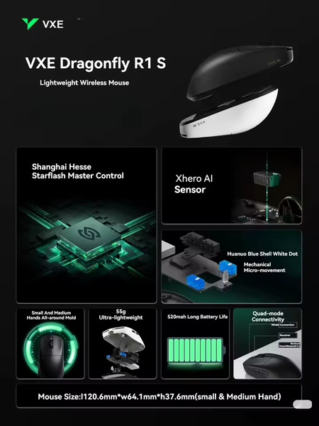 Ігрова бездротова миша VGN VXE Dragonfly R1 S / Чотири режими підключення / Сенсор Xhero AI / 1K / Black VXE-R1S-1 фото