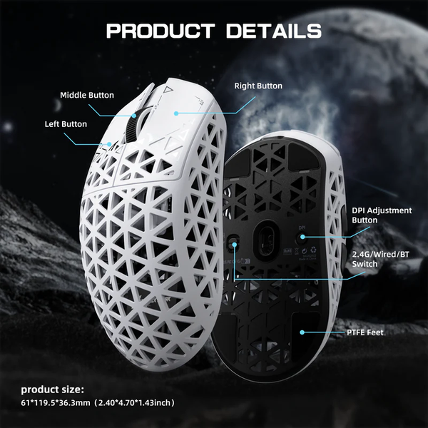Игровая мышка ATTACK SHARK R5 Ultra / Три режима подключения / PAW3950MAX / Carbon Fiber / 39 г / White 49 фото