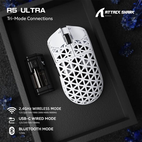 Игровая мышка ATTACK SHARK R5 Ultra / Три режима подключения / PAW3950MAX / Carbon Fiber / 39 г / White 49 фото