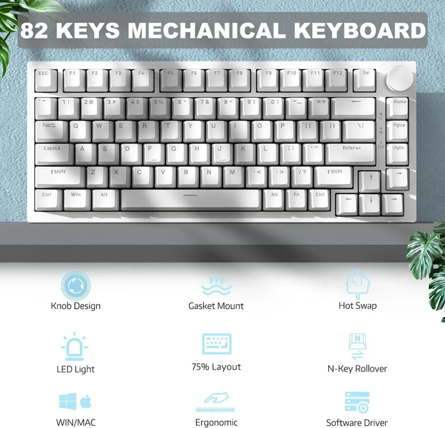 Игровая механическая клавиатура Ajazz Ak820 / Проводное подключение / Blue Switch / White 26 фото