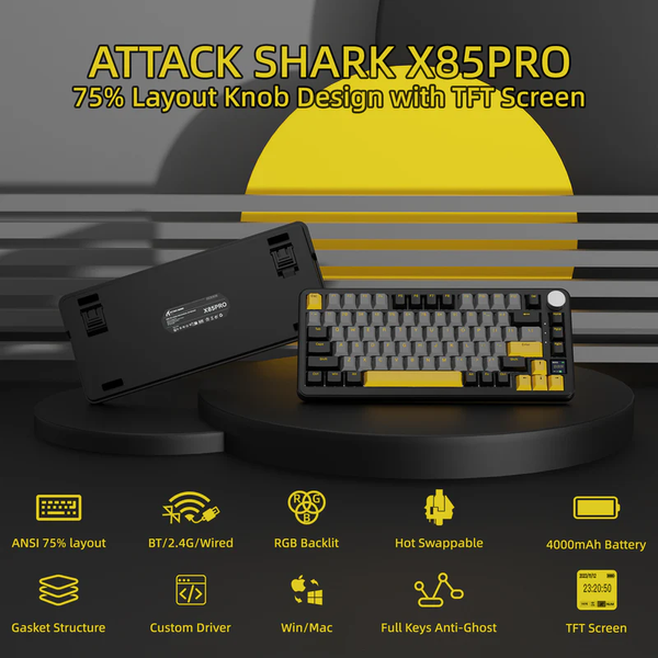 Ігрова механічна бездротова клавіатура Attack Shark X85 Pro / Три режими підключення / Blueberry Switch / Grey 379 фото